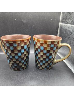 2009 Starbucks Coffee Set Of 2 Checkered 12 Oz Ceramic Mugs Brown & Blue